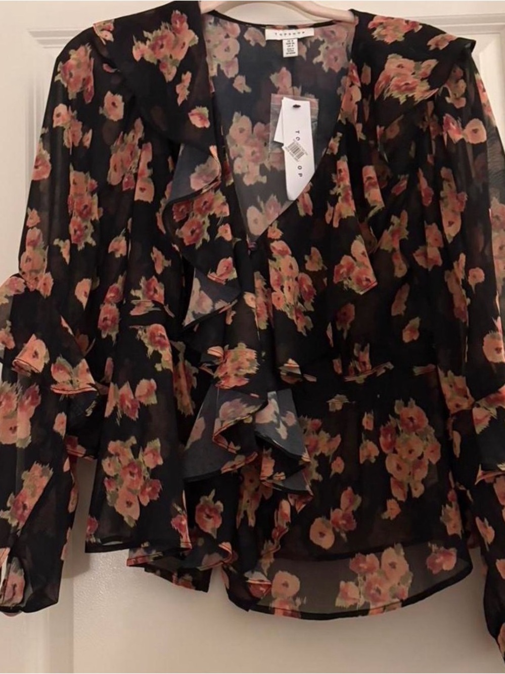 NWT Top Shop Floral Ruffle Sheer Blouse - Black with Blossoms